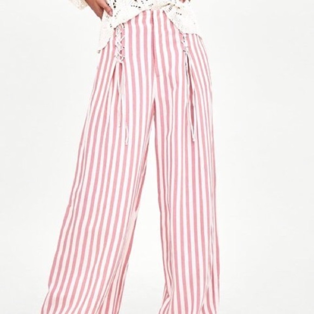 Zara Pink and White Stripe Lace Up Palazzo Pants M